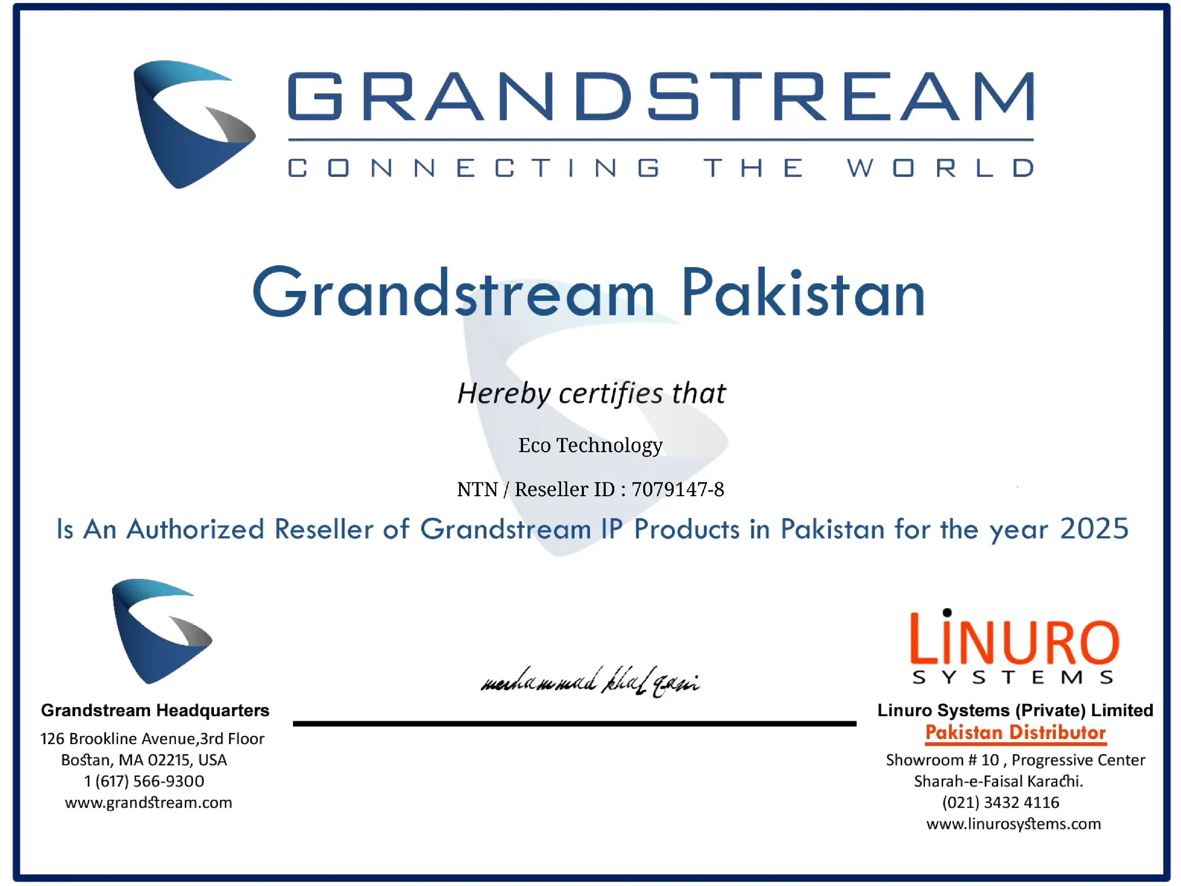 Grandstream Authorized Reseller certificate