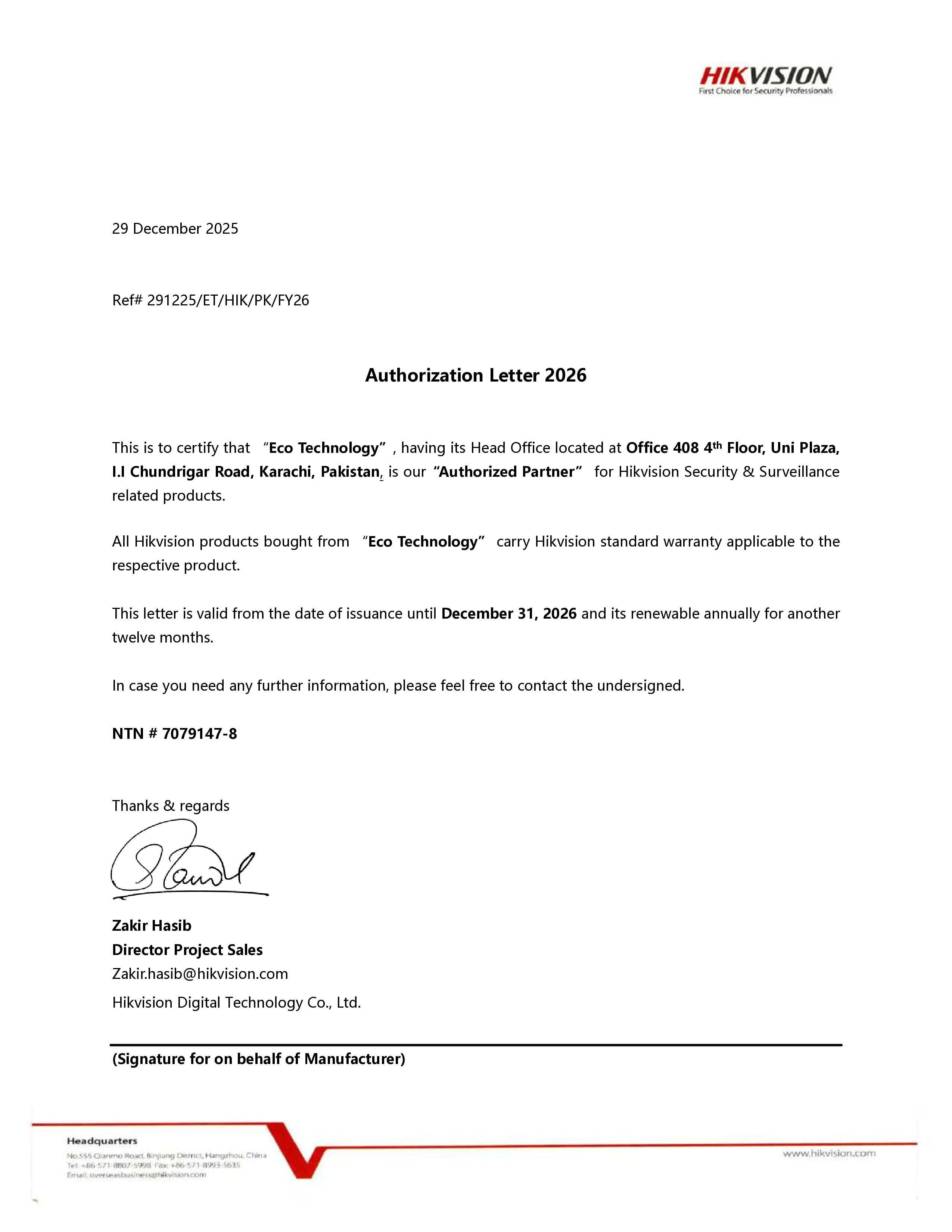Hikvision Authorized Partner certificate