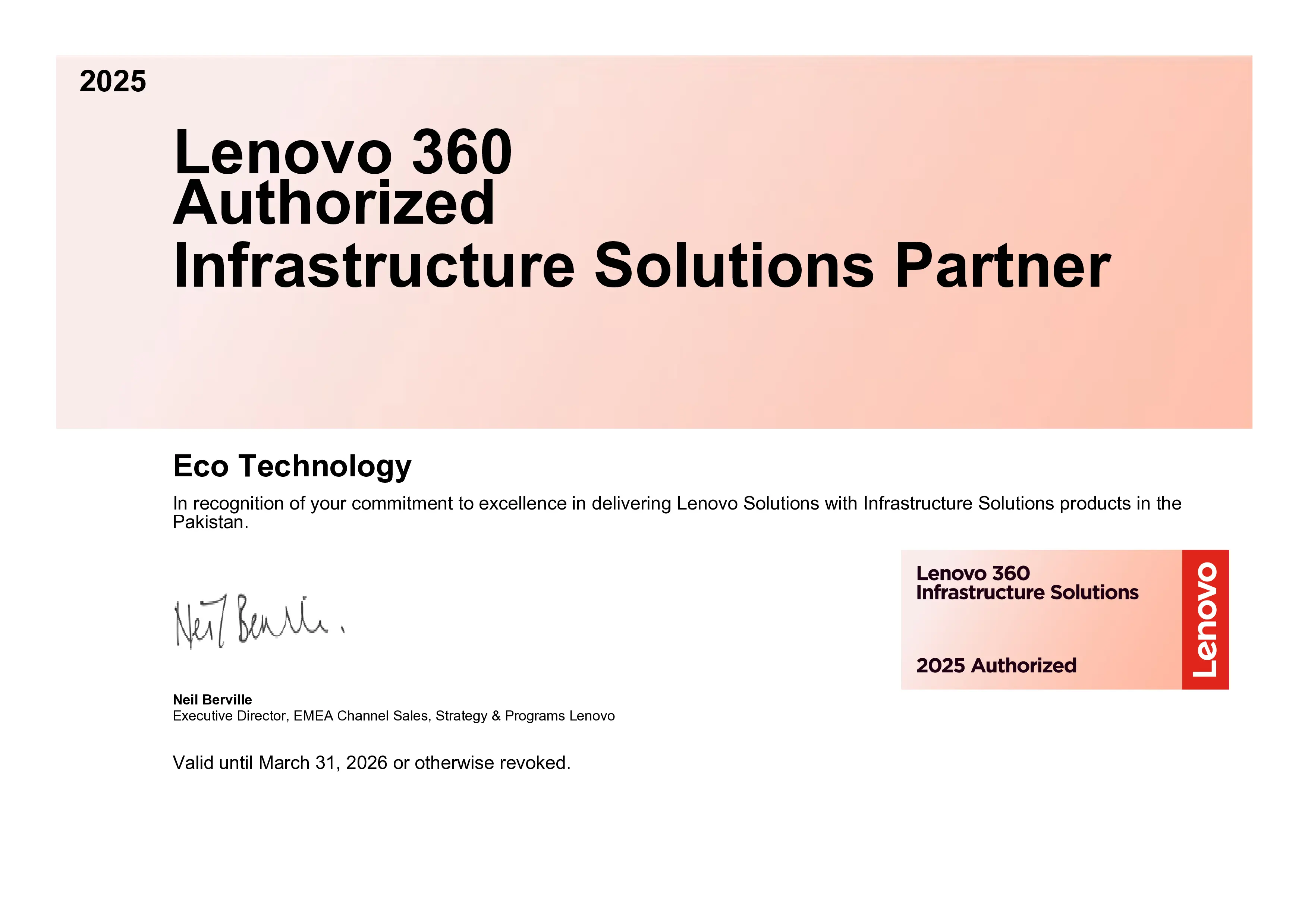 Lenovo Authorized Partner certificate