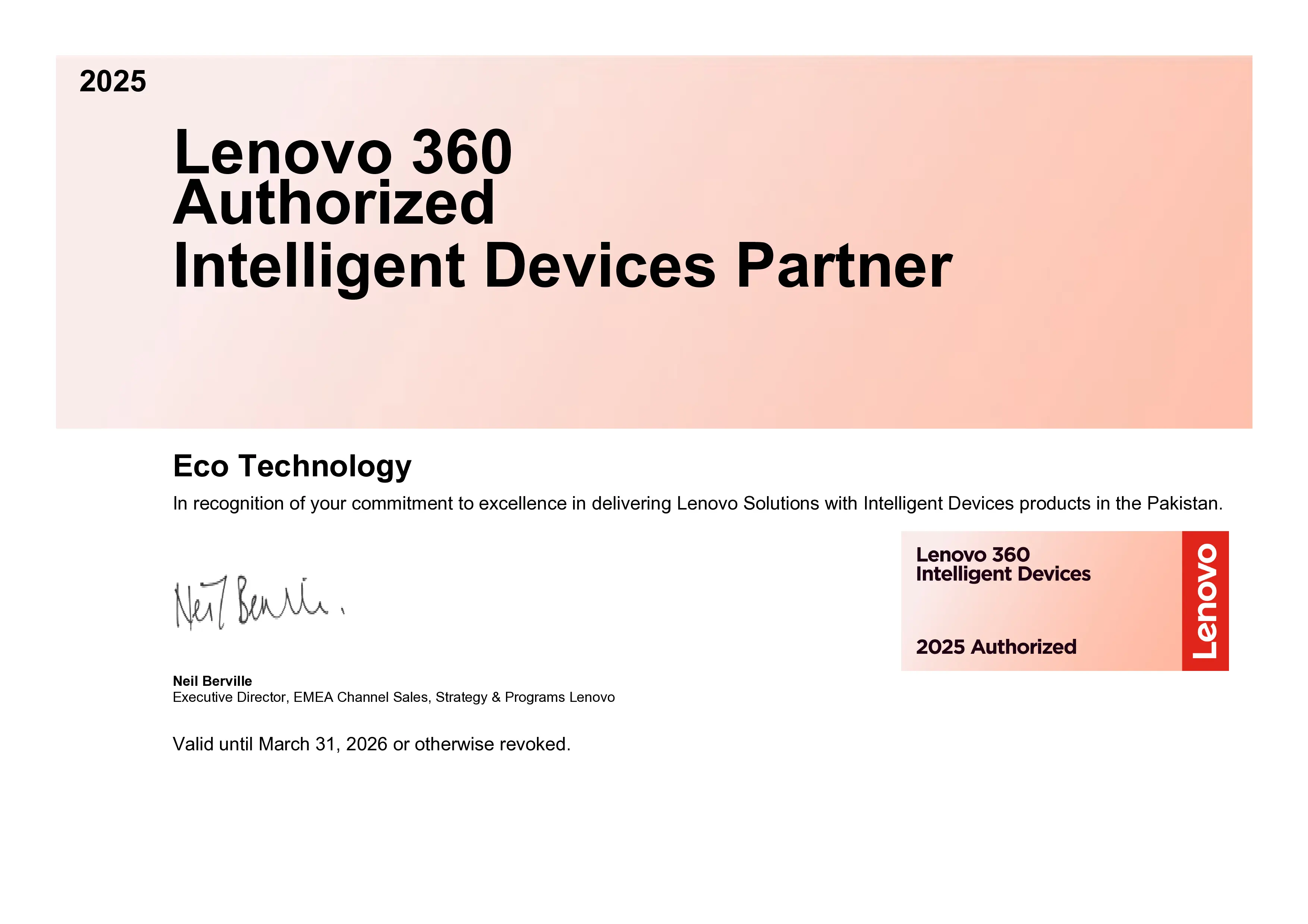 Lenovo Authorized Partner certificate